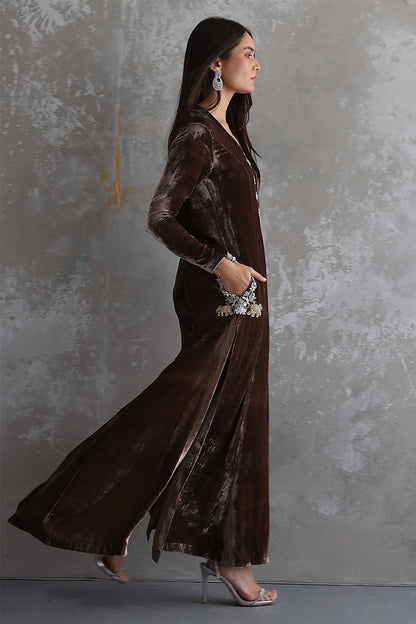 03-Piece Stitched Front Open Long Velvet Shirt