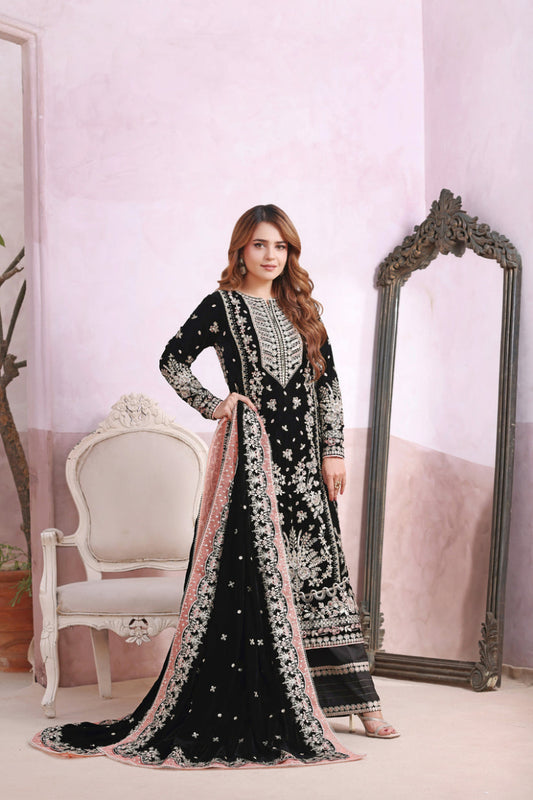03 Piece Embroidery Velvet Suit - Ready To Wear