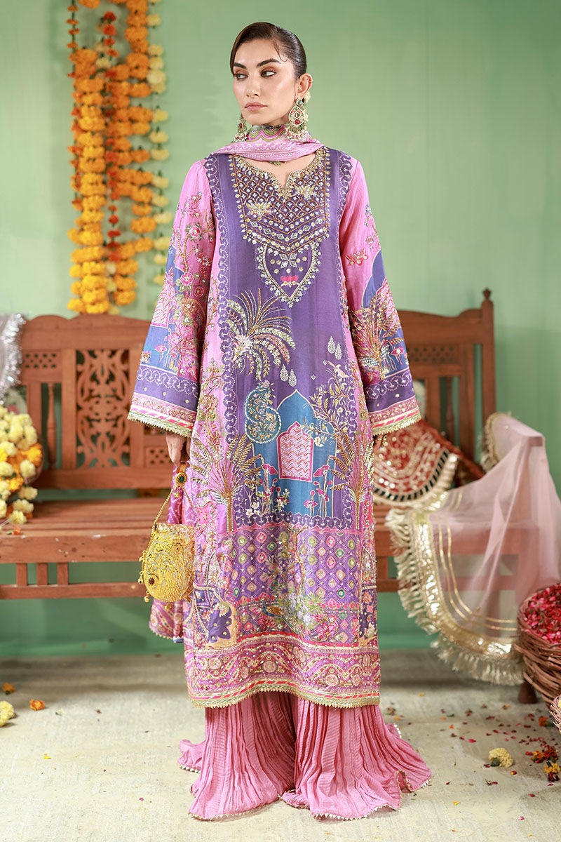 Luxury Purple & Pink Silk suit with Hand Embellished Adda Work | Ready To Wear