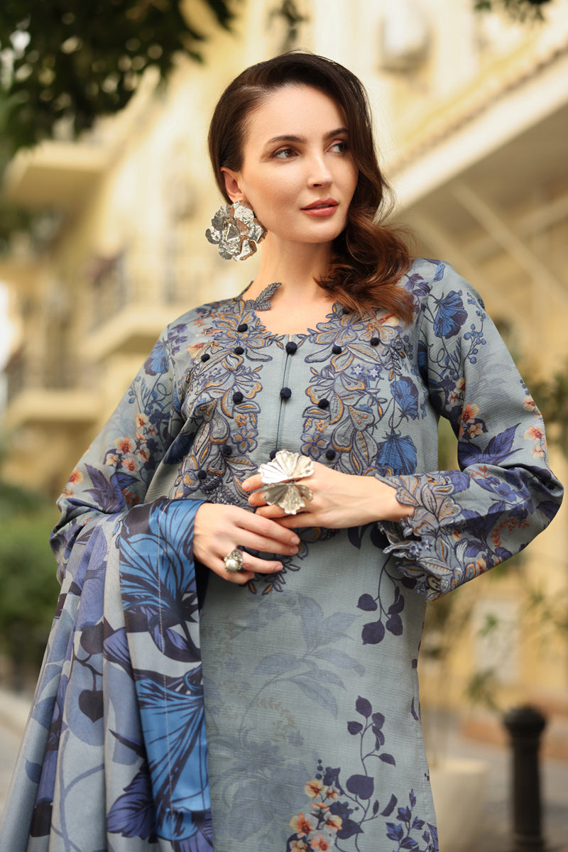 03-Piece Embroidered Lawn Suit With Digital Printed Dupatta