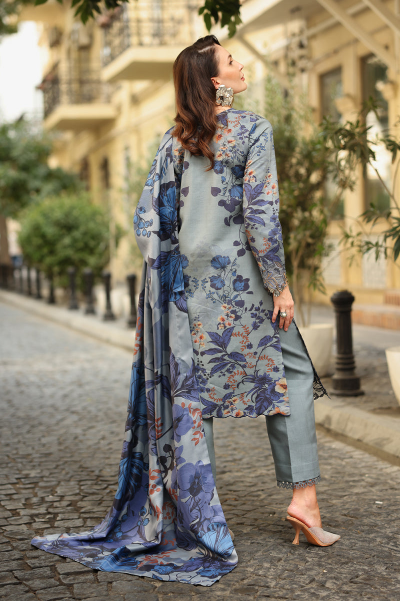 03-Piece Embroidered Lawn Suit With Digital Printed Dupatta