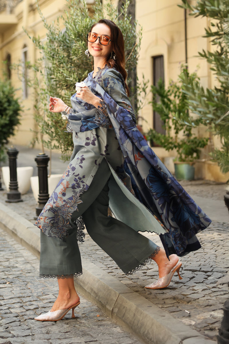 03-Piece Embroidered Lawn Suit With Digital Printed Dupatta
