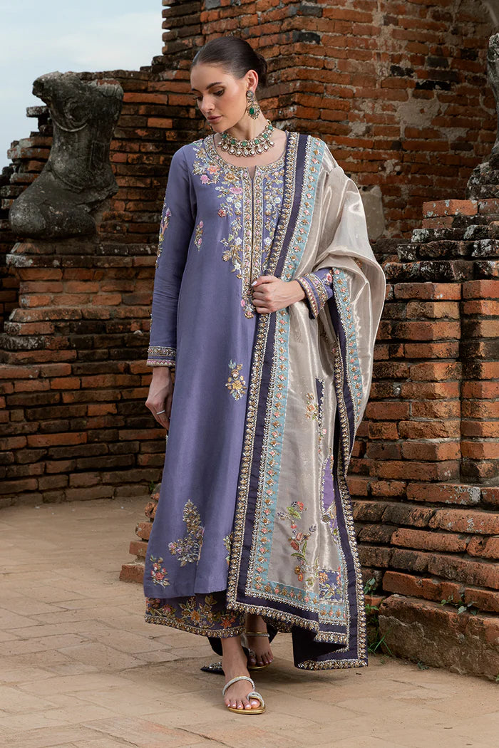 03-Piece Embroidered Lavender Elegance Raw Silk Ensemble - Ready To Wear