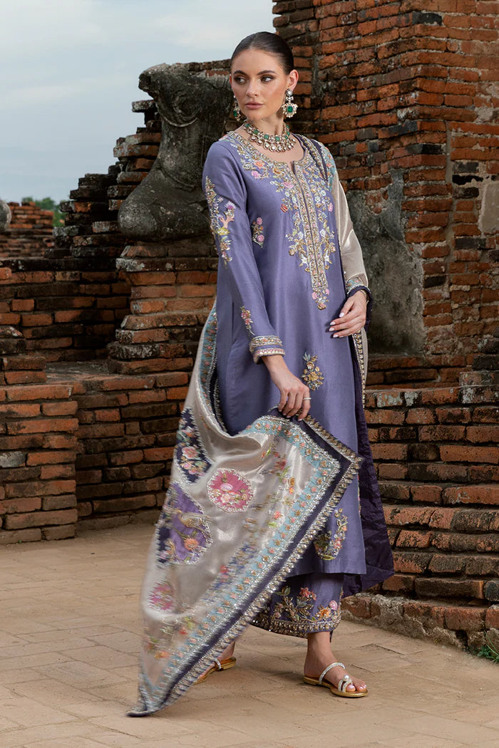 03-Piece Embroidered Lavender Elegance Raw Silk Ensemble - Ready To Wear