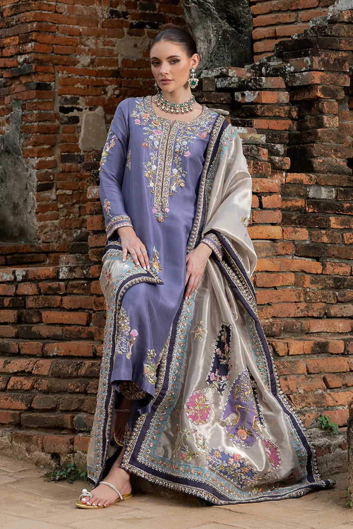 03-Piece Embroidered Lavender Elegance Raw Silk Ensemble - Ready To Wear