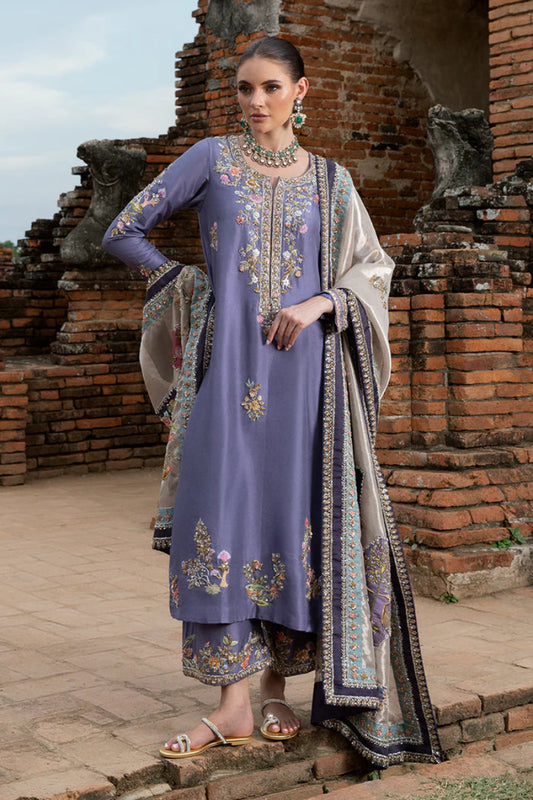 03-Piece Embroidered Lavender Elegance Raw Silk Ensemble - Ready To Wear
