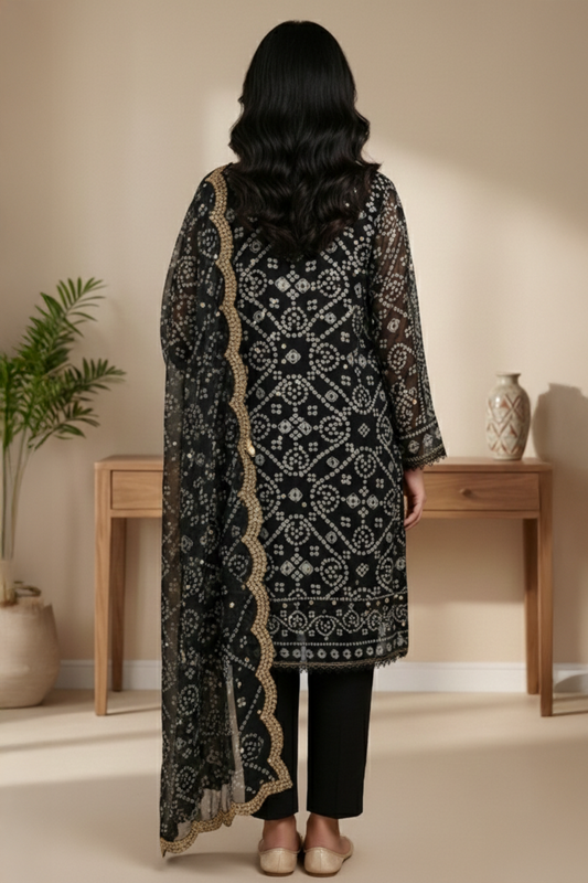 03-Piece Black Mirror Work Chiffon Suit - Ready To Wear