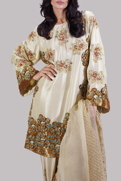 3  Piece  Stitched  Raw silk suit - Ready  to Wear