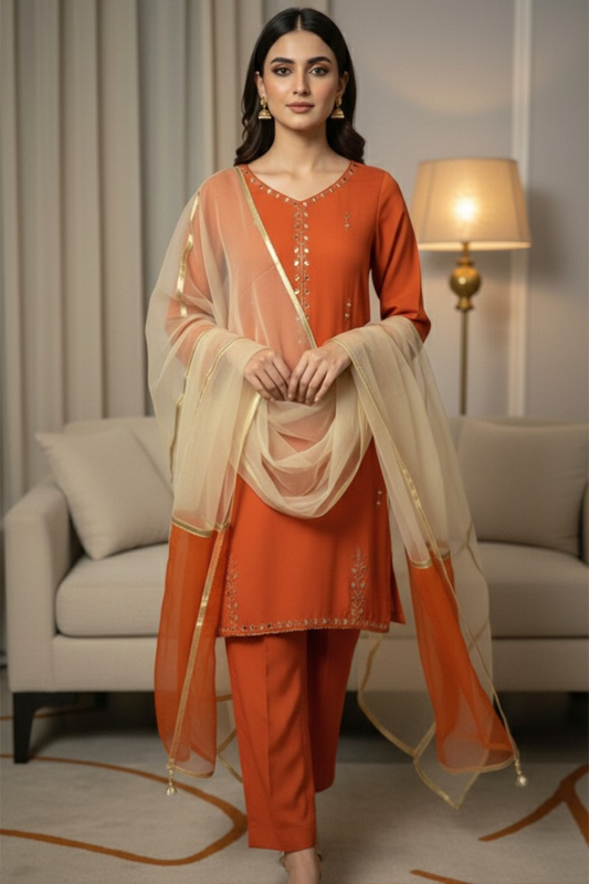 03-Piece Rawsilk Suit With Organza Dupatta - Ready To Wear