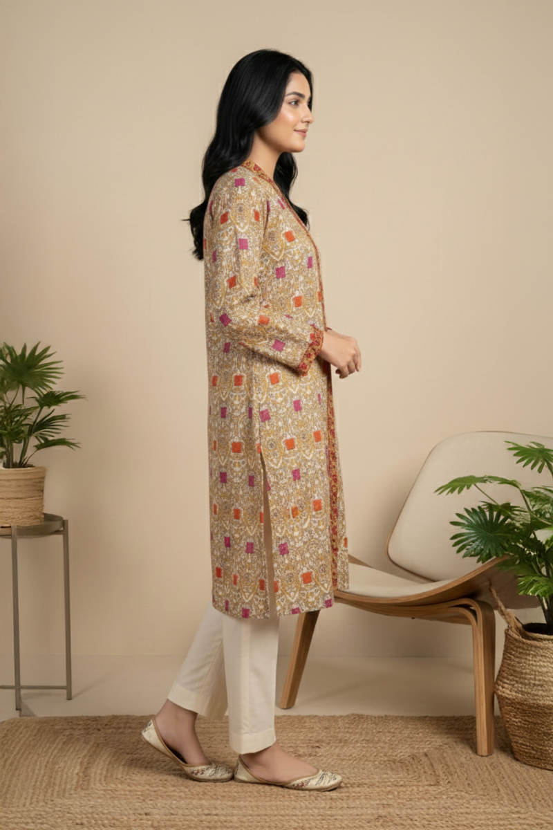 Beige Traditional Printed Lawn Shirt - Ready To Wear