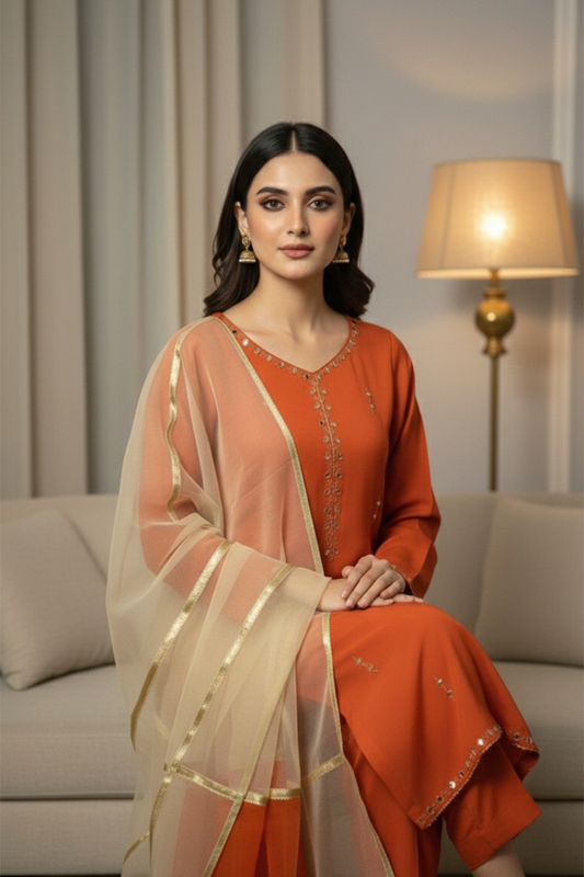 03-Piece Rawsilk Suit With Organza Dupatta - Ready To Wear