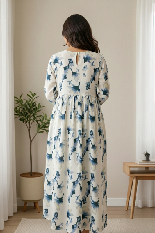 Blue Floral Cotton Long Dress - Ready To Wear