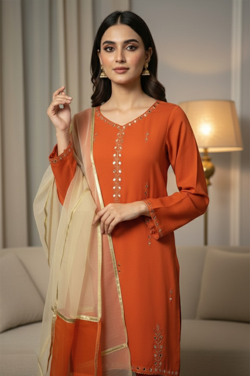 03-Piece Rawsilk Suit With Organza Dupatta - Ready To Wear