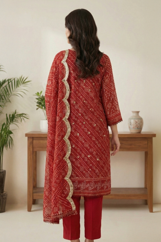 03-Piece - Red Mirror Work Chiffon Chunri Suit - Ready To Wear