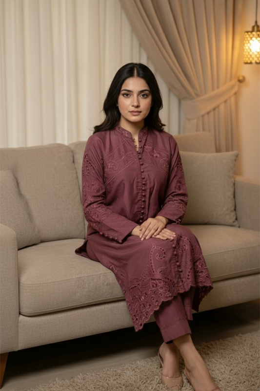 02-Piece Cutwork Khaddi Silk- Ready To Wear