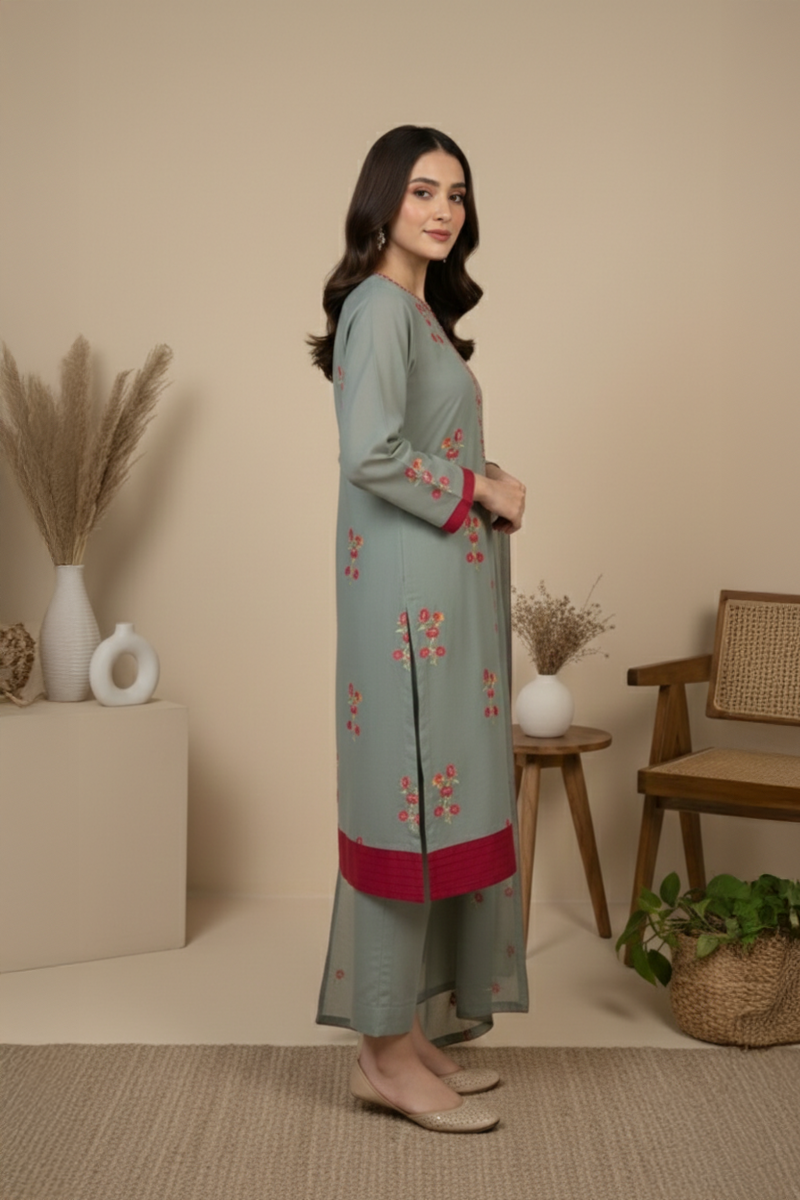 Elegant Sage Green Swiss Embroidered 3-Piece Suit