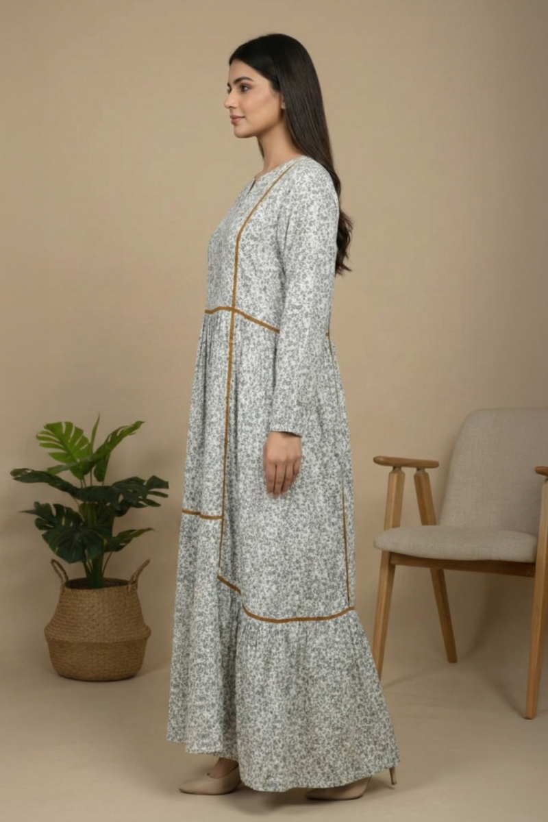 Elegant Printed Linen Maxi / Abaya - Ready To Wear