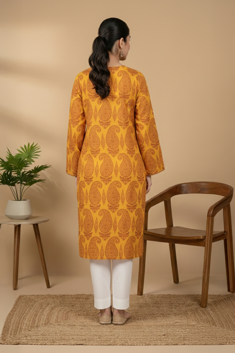 Mustard Paisley Printed Lawn Shirt - Ready To Wear
