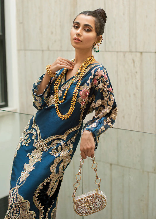 Midnight Blue Embroidered Organza Ensemble - Ready To Wear