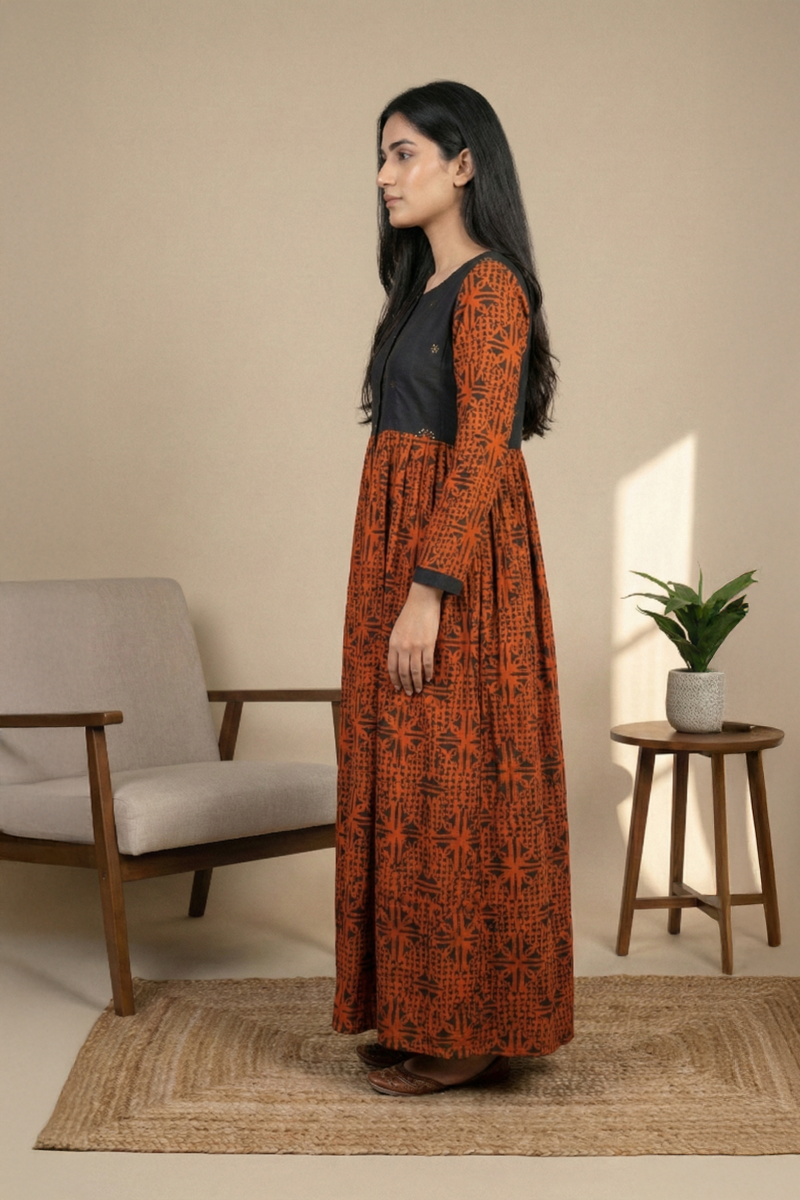 Rust & Black Printed Cotton Long Dress - Ready To Wear