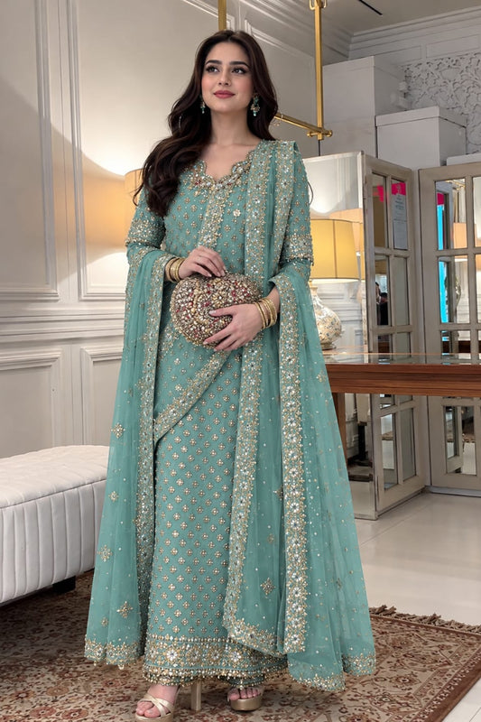 Sea Green Luxury Chiffon Embroidered 3-Piece Suit | Ready to Wear