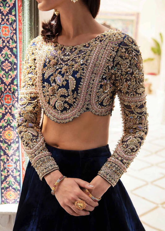 Royal Blue Embellished Organza Choli with Velvet Lehenga