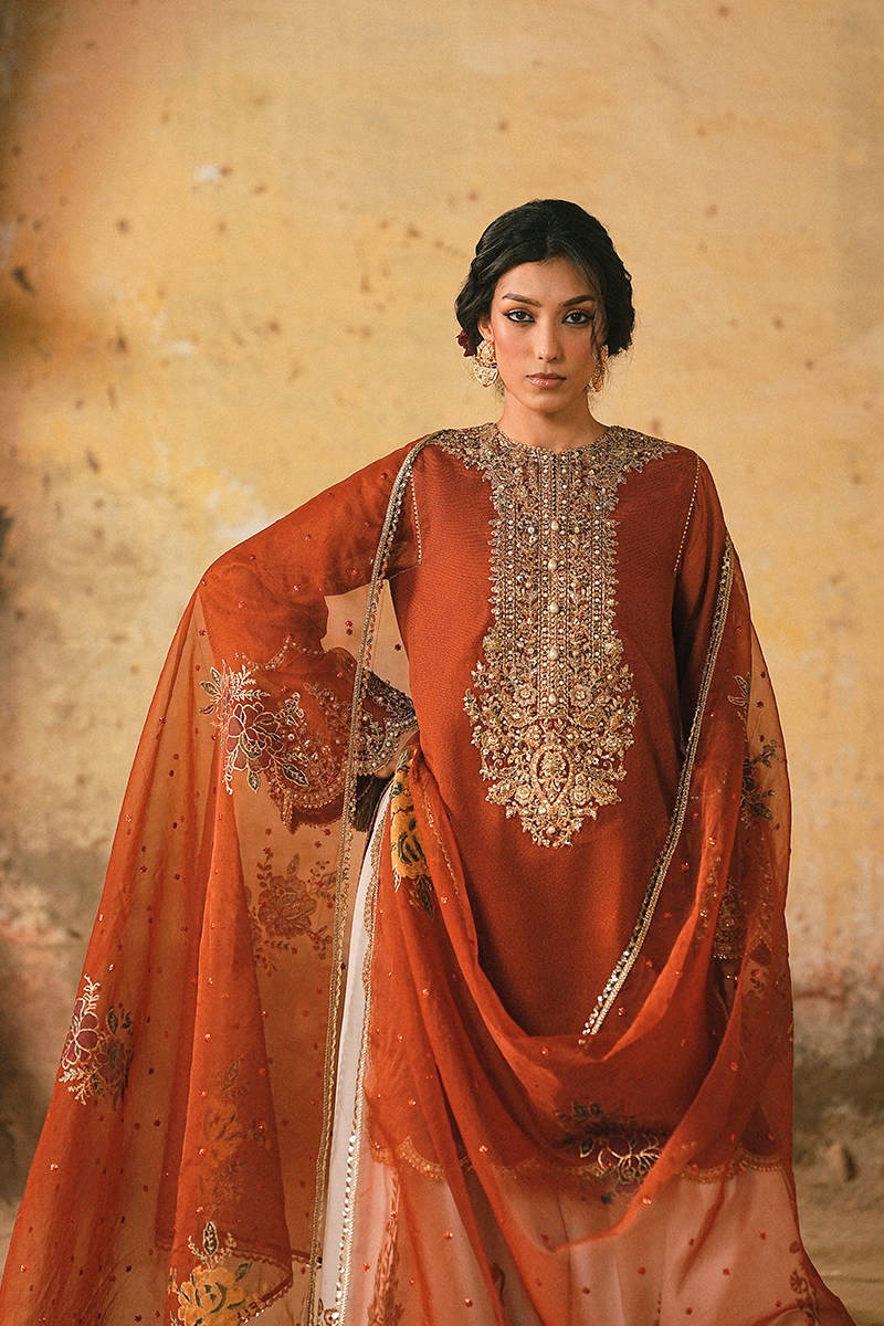 Burnt Orange Luxury Formal Wedding Embroidered 3-Piece suit – Raw Silk | Ready to Wear