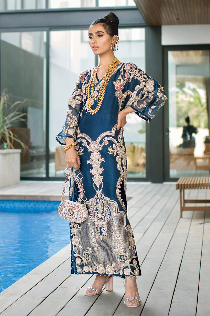 Midnight Blue Embroidered Organza Ensemble - Ready To Wear