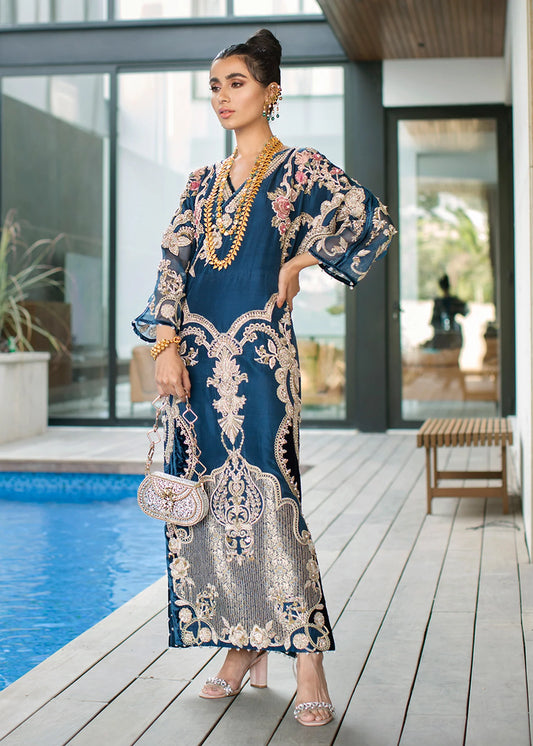 Midnight Blue Embroidered Organza Ensemble - Ready To Wear