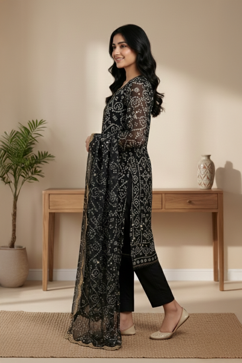 03-Piece Black Mirror Work Chiffon Suit - Ready To Wear