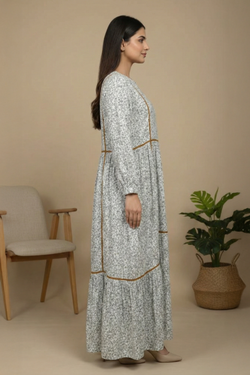 Elegant Printed Linen Maxi / Abaya - Ready To Wear