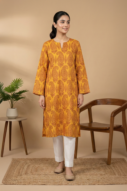 Mustard Paisley Printed Lawn Shirt - Ready To Wear