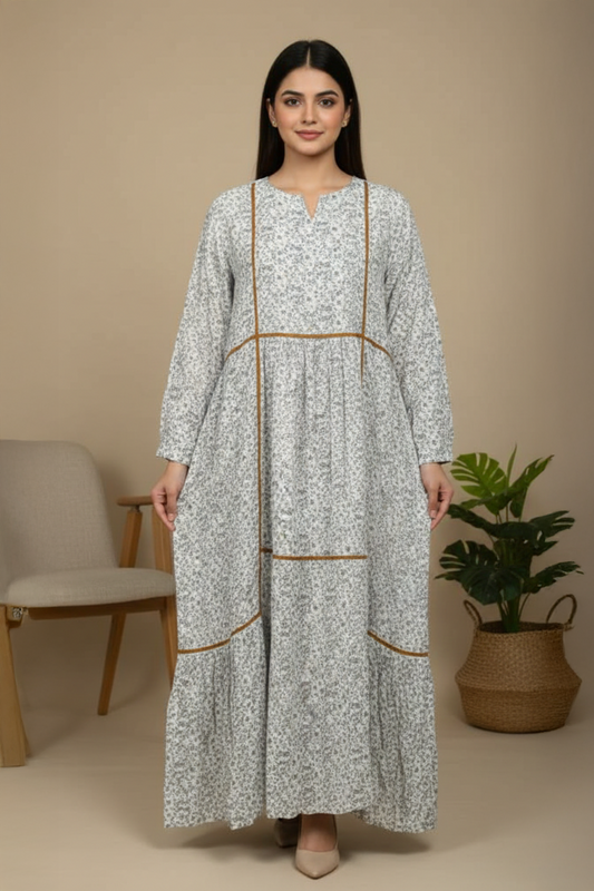 Elegant Printed Linen Maxi / Abaya - Ready To Wear