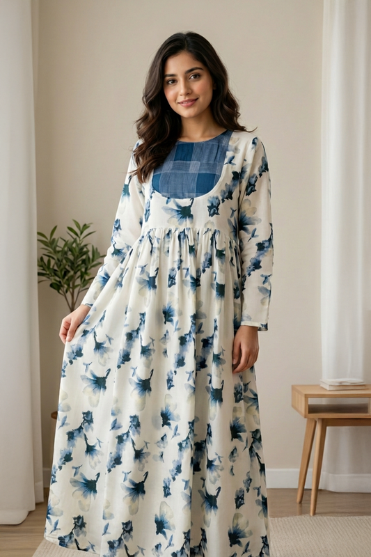 Blue Floral Cotton Long Dress - Ready To Wear