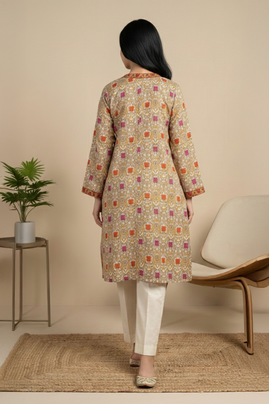 Beige Traditional Printed Lawn Shirt - Ready To Wear