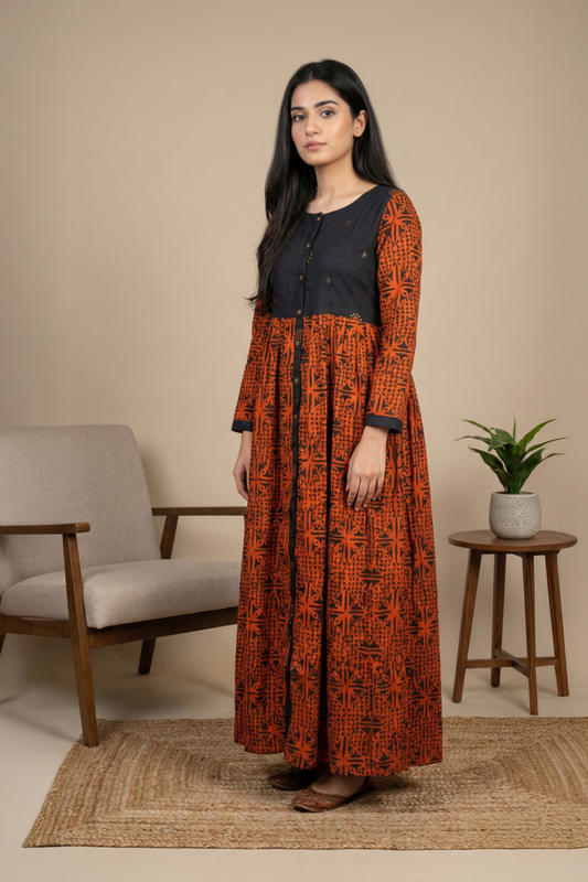 Rust & Black Printed Cotton Long Dress - Ready To Wear