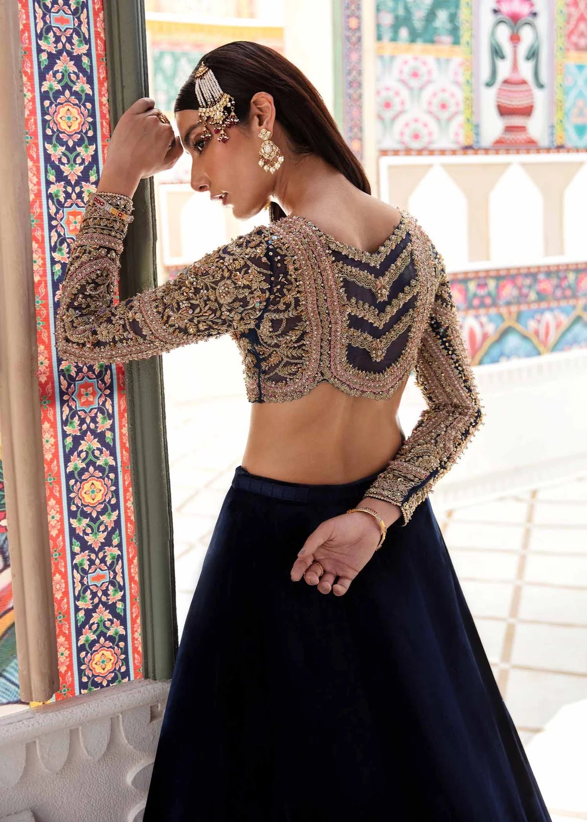 Royal Blue Embellished Organza Choli with Velvet Lehenga