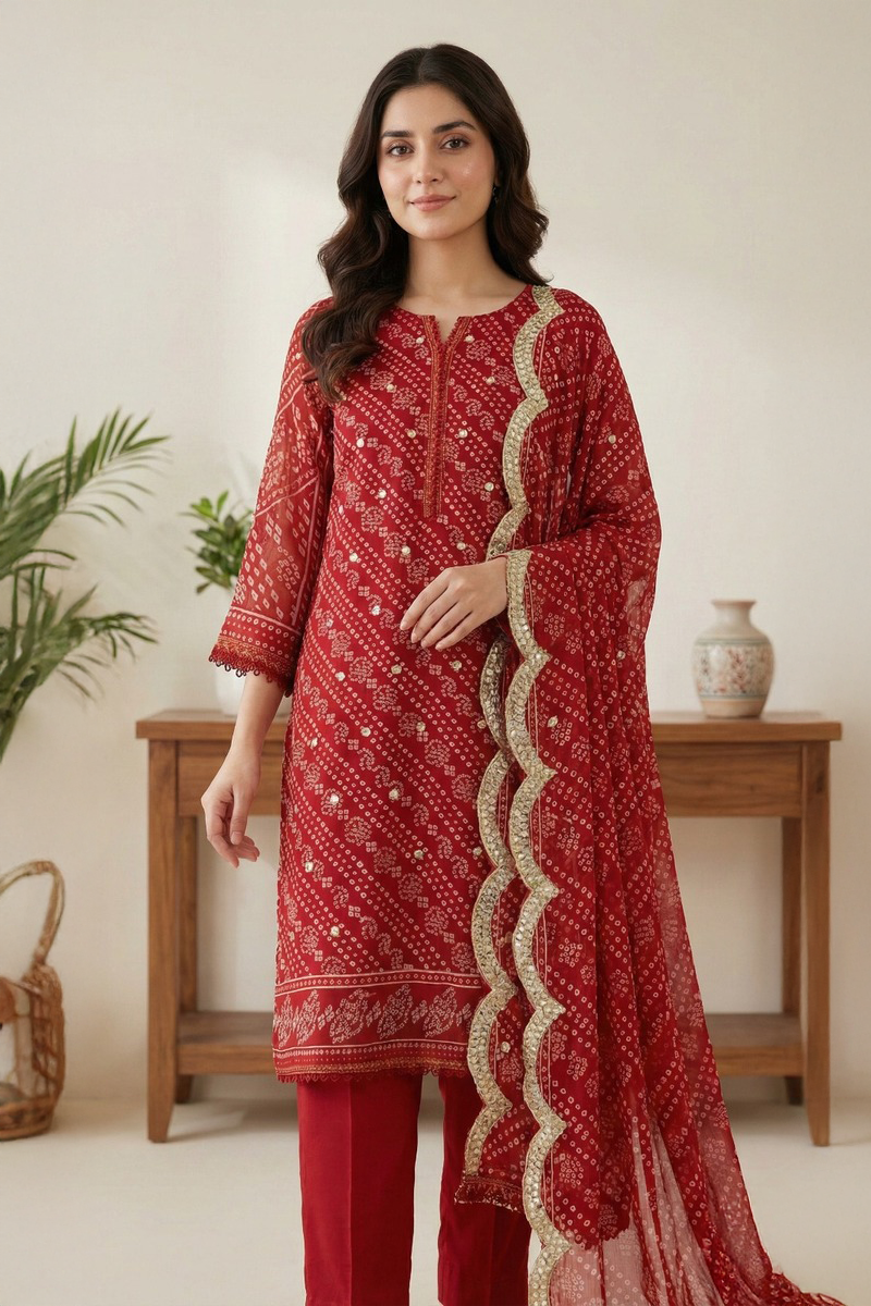 03-Piece - Red Mirror Work Chiffon Chunri Suit - Ready To Wear
