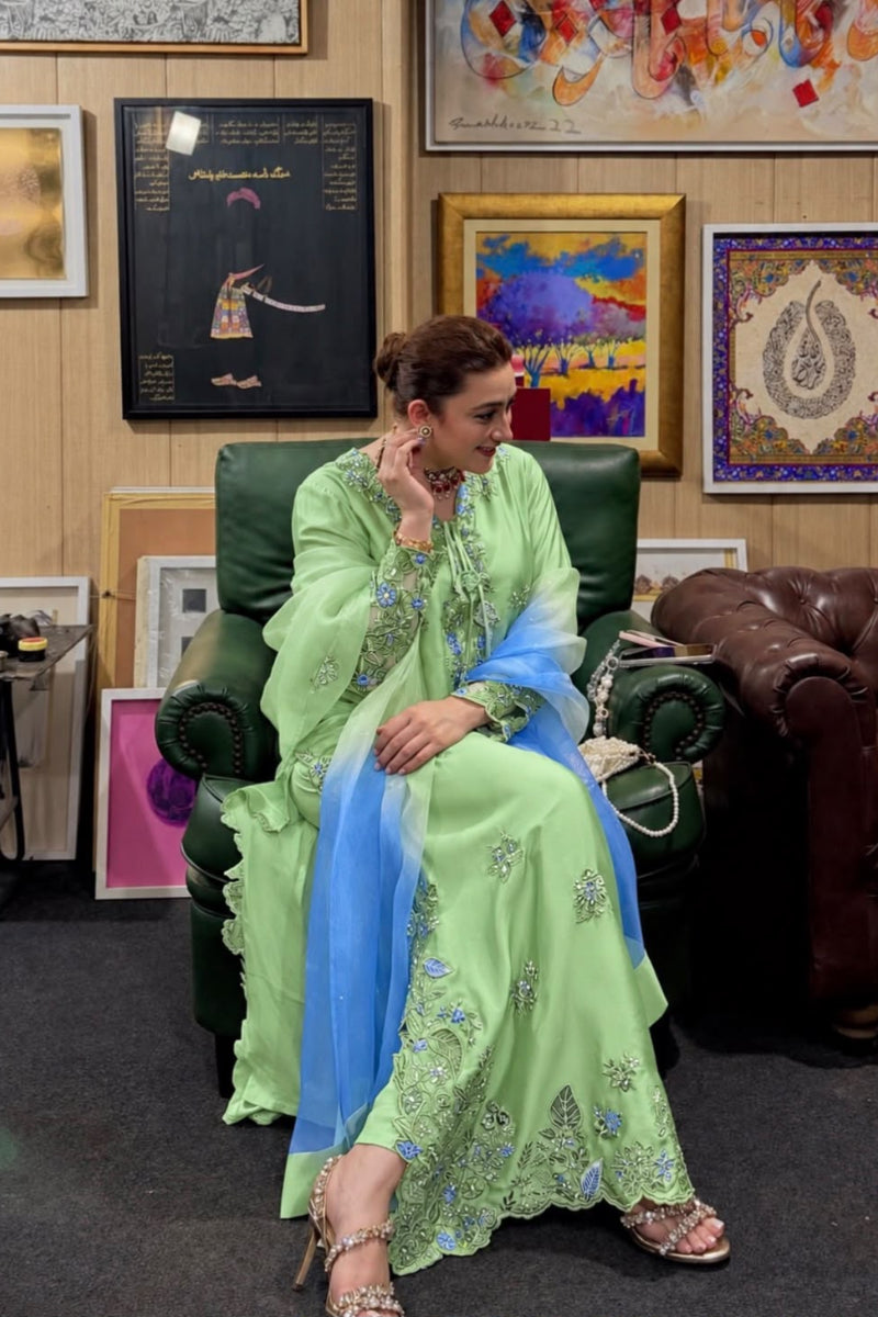 Silk Mint Green Embroidered 3-Piece Suit | Ready-to-Wear