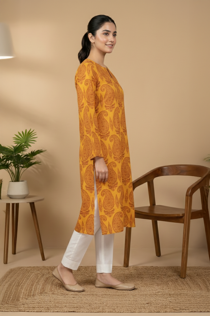 Mustard Paisley Printed Lawn Shirt - Ready To Wear