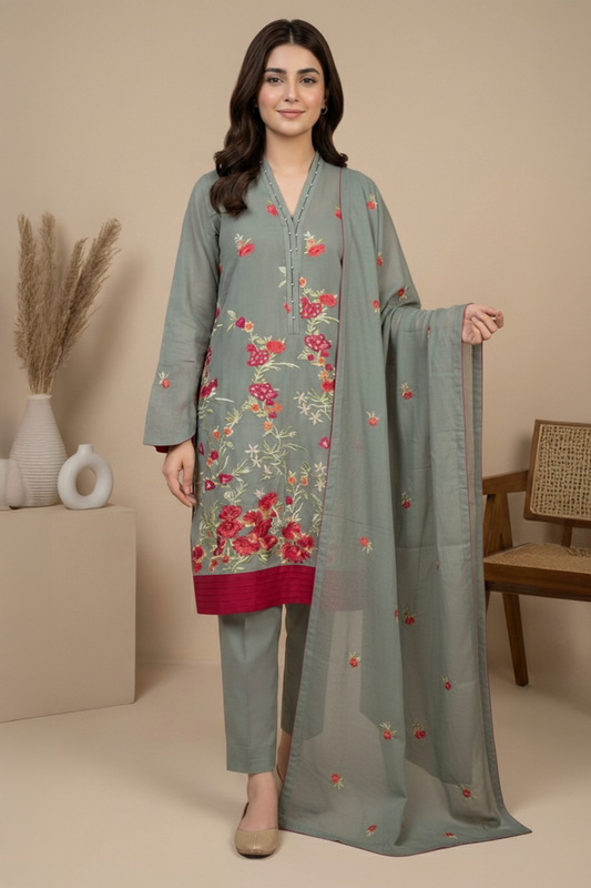 Elegant Sage Green Swiss Embroidered 3-Piece Suit