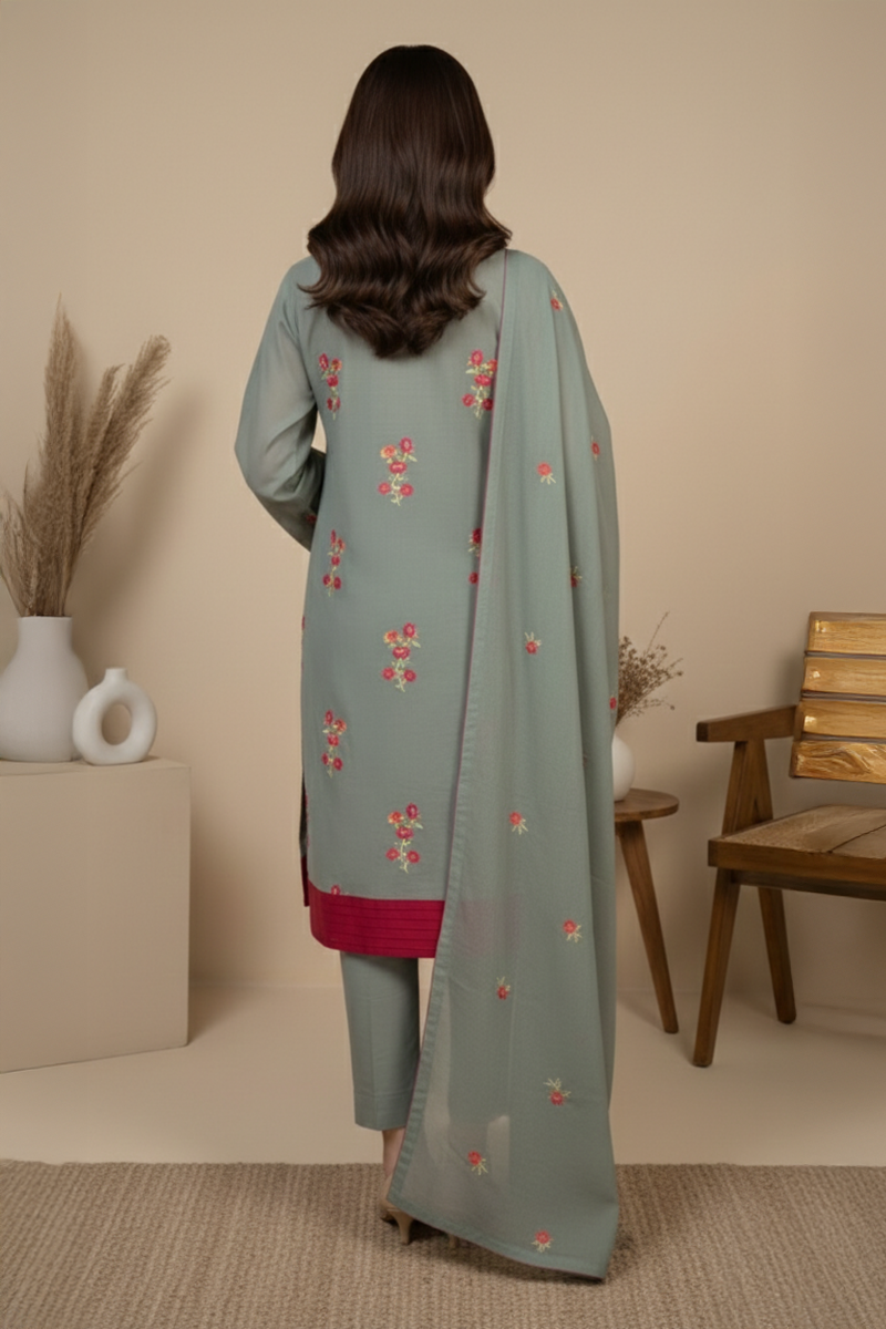 Elegant Sage Green Swiss Embroidered 3-Piece Suit