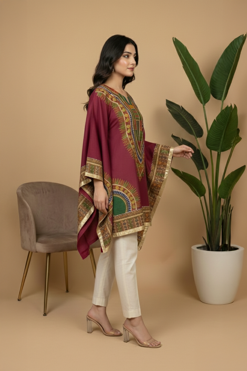 Elegant Maroon Printed Cotton Kurti with Gotta Handwork - Ready To Wear
