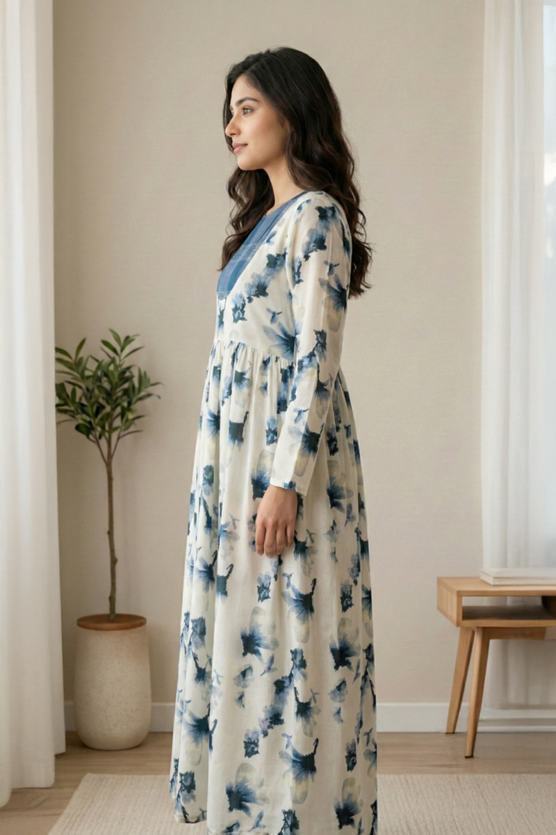 Blue Floral Cotton Long Dress - Ready To Wear