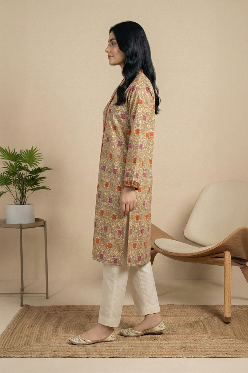 Beige Traditional Printed Lawn Shirt - Ready To Wear