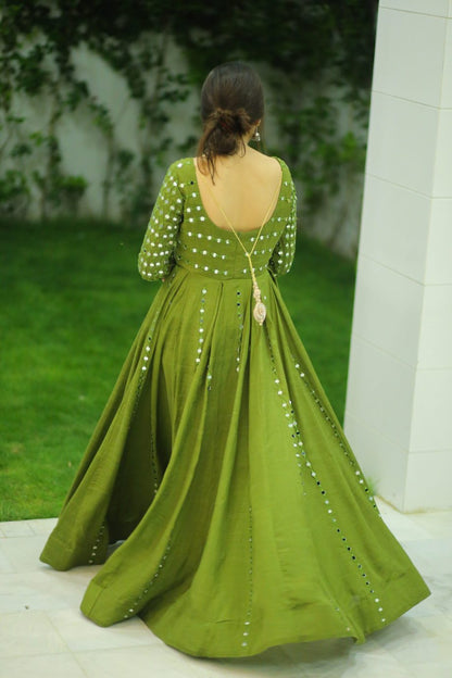 HEAVY MIRROR EMBELLISHED LONG FLARED ANARKALI SET WITH DUPATTA