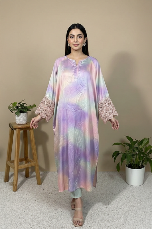 Pastel Dream Silk Kaftan – Luxury Stitched Dress
