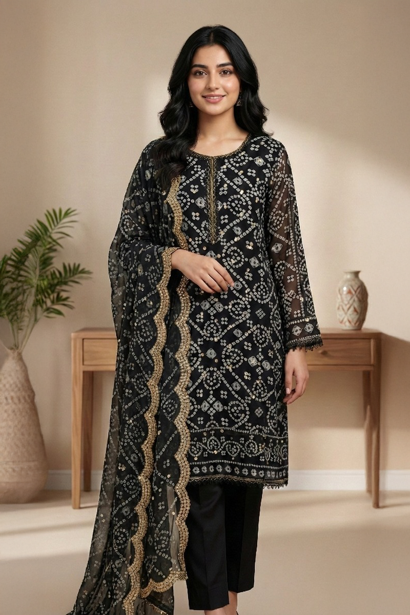 03-Piece Black Mirror Work Chiffon Suit - Ready To Wear