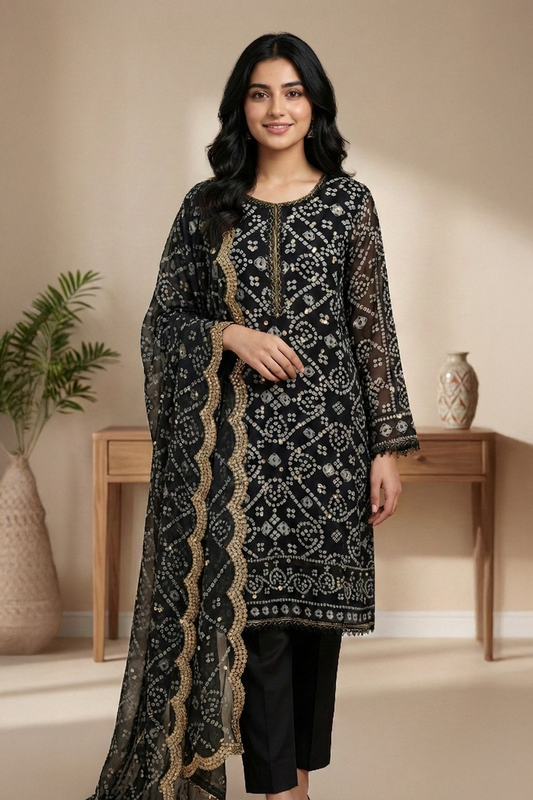 03-Piece Black Mirror Work Chiffon Suit - Ready To Wear