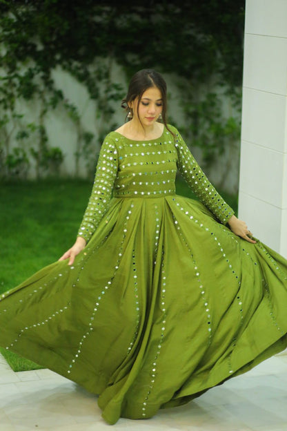 HEAVY MIRROR EMBELLISHED LONG FLARED ANARKALI SET WITH DUPATTA